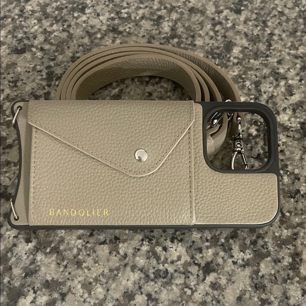Bandolier Taupe Leather Crossbody Phone Pouch with Strap